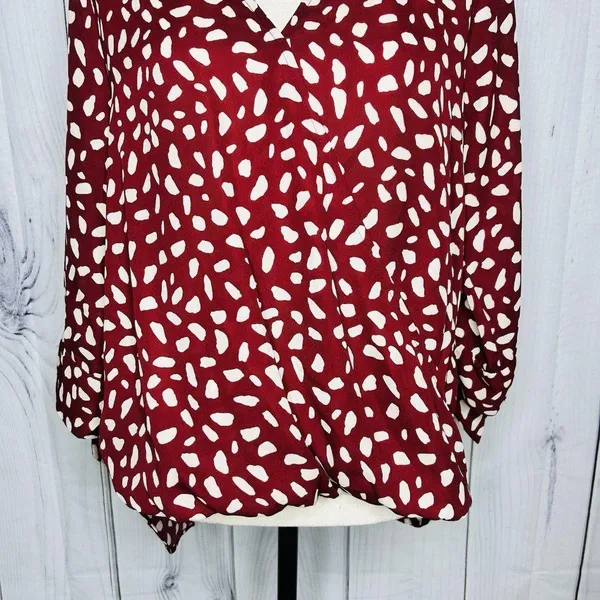 West K Faux Wrap Blouse 3/4 Sleeve Tie Maroon Polka Dot Women's Size M - Image 3