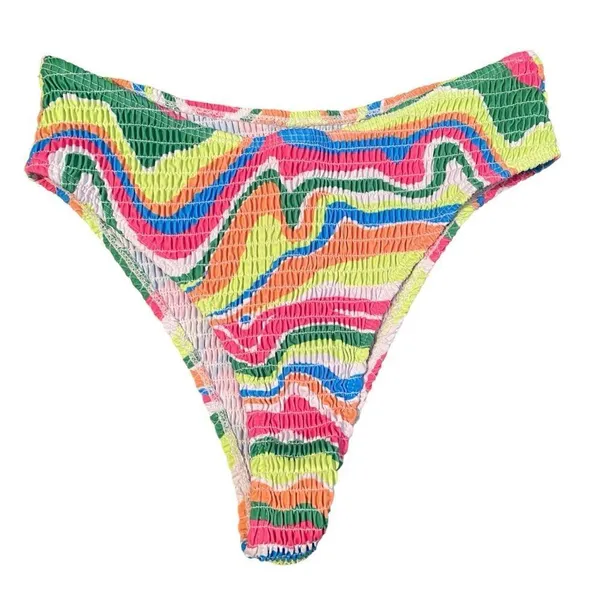 Amazon Womens M Smocked Triangle Bikini Set Rainbow Swirl Scrunch Multicolor New - Image 5