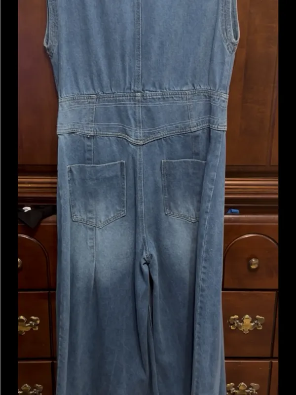 Wide-Leg Denim Jumpsuit Jeans - Blue - Image 4