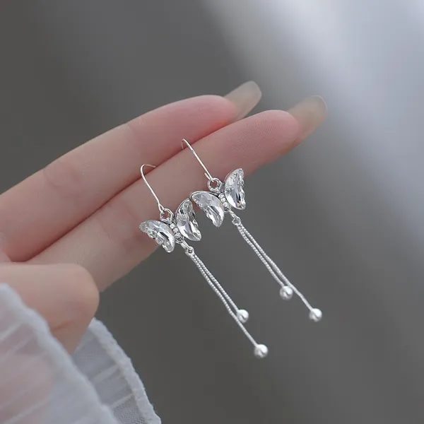 925 Silver Plated Tassel Crystal Butterfly Dangle Drop Earrings for Women - Image 2