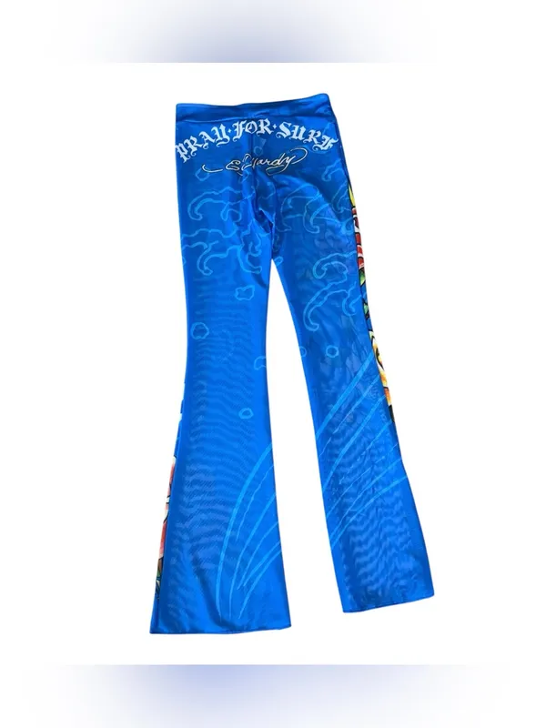 NWT Ed Hardy Swim Blue Flared Bell Bottom Pants Rose Tattoo Print Y2K Medium - Image 3