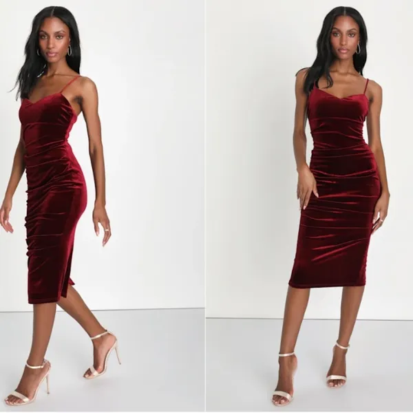 LULUS Sexy Prom Wedding Holiday Elegant Chic Shimmer Velvet Cocktail Midi - Image 3