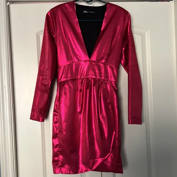Zara Laminated Fuschia Mini Dress Vneck - Image 9