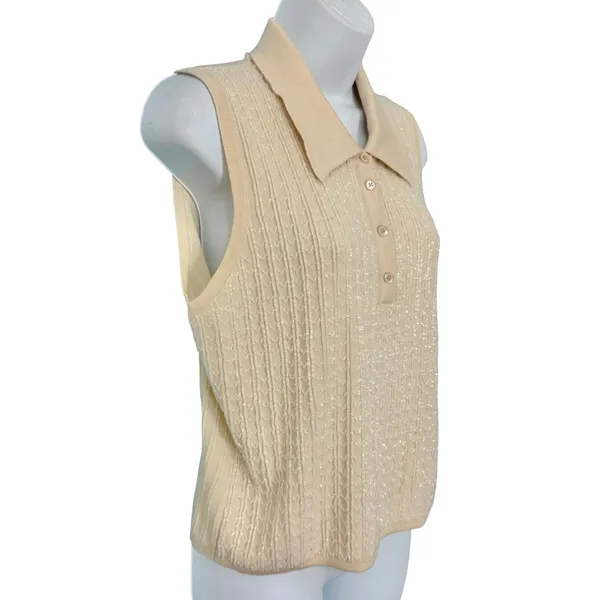 Vintage Banana Republic Cream Merino Wool Beaded Sleeveless Polo Sweater Tank L - Image 10
