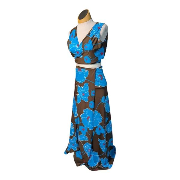 Vtg 1970s Brown Blue Bold Floral Wrap Top Maxi Skirt Matching 2 Pc Set Sz M - Image 2