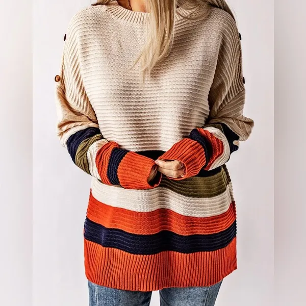 eesome women's size med/large drop shoulder striped pullover cream sweater - Image 2