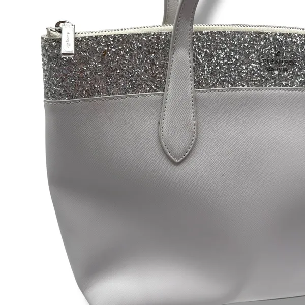 Kate Spade Tote Bag Womens Grey Saffiano Leather Silver Glitter‎ Trim Zip Top - Image 7