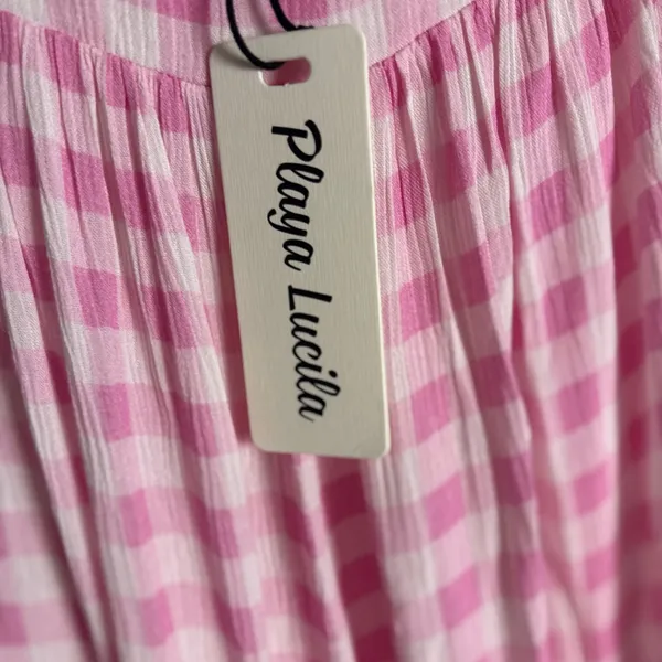 Playa Lucila Pink Check Gingham Empire Slit Maxi Slip Dress Picnic Preppy XS - Image 5