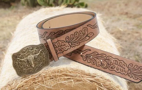Western Style Bull Head Buckle Unisex Belt Vintage Embossed - Image 3