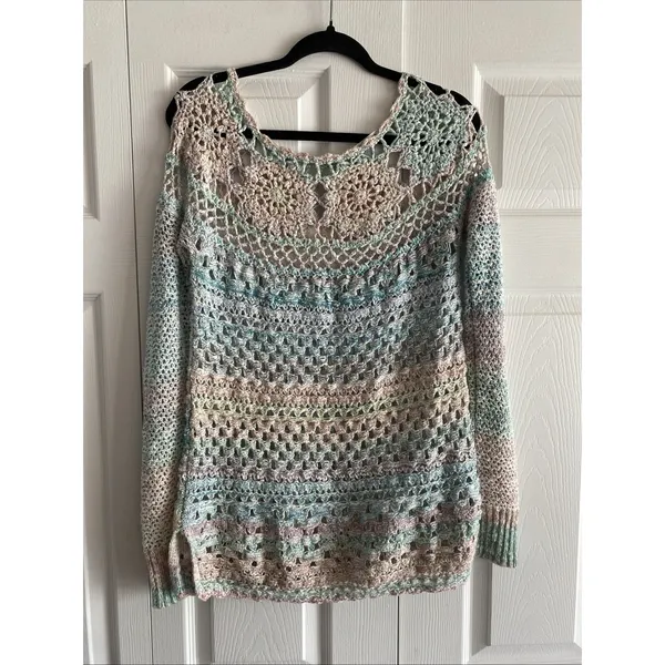 Free People Crochet Knit Sweater Womens Size S Pastel Boho Open Weave Pullover‎ - Image 5