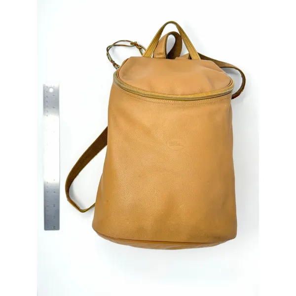 LONGCHAMP Leather‎ Backpack Beige Logo Vintage Bag Rucksack Rare Khaki Brown - Image 3