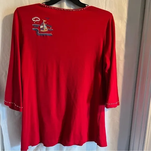 Quacker Factory Red Beaded Embroidered Lighthouse Nautical Themed Top Size Large‎ - Image 6