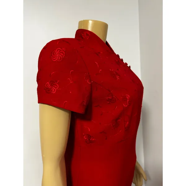 Vintage Taurus II Red Cheongsam Style Floral Jacquard ASIAN Midi Dress Size 8P - Image 5