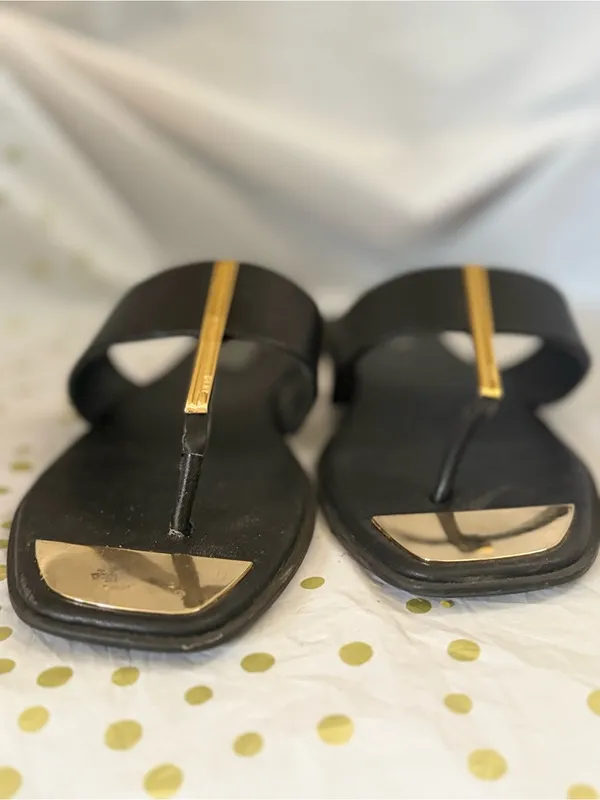 DKNY Black Leather Slide Sandals with Gold Accents - Image 2