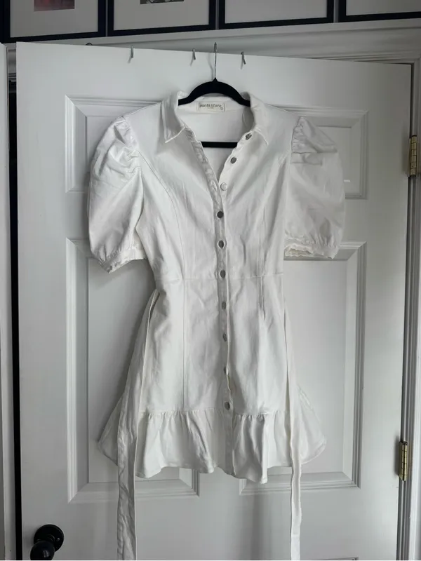 Puff Sleeve White Mini Dress with Tie Waist - Image 2