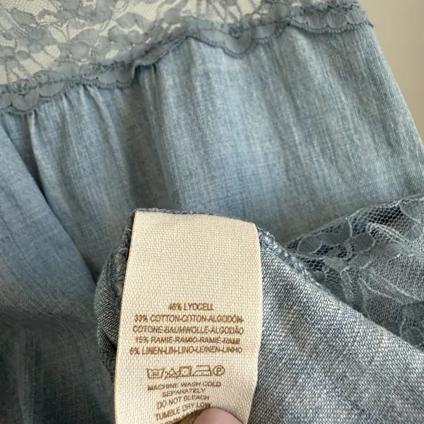 Free People sz M Blue Chambray‎ Lace Trim Sleeveless Boho Mini Dress Cottagecore - Image 5