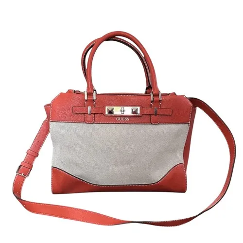 GUESS Satchel Handbag Burnt Orange Canvas Leather Trim Top Handle Crossbody Bag‎ - Image 3
