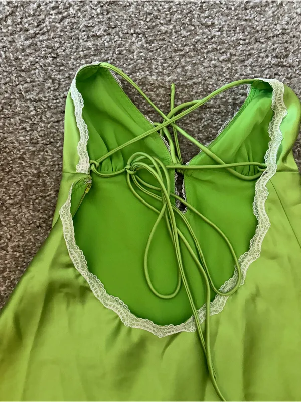 Lace-Trim Satin Mini Dress in Lime Green - Image 4