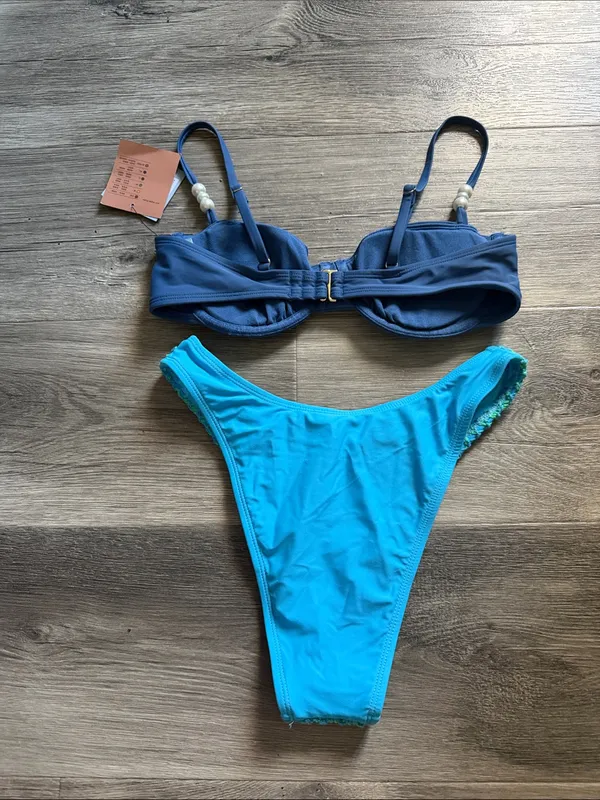 Blue Two-Piece Bikini Set with Crochet Accent - Image 2