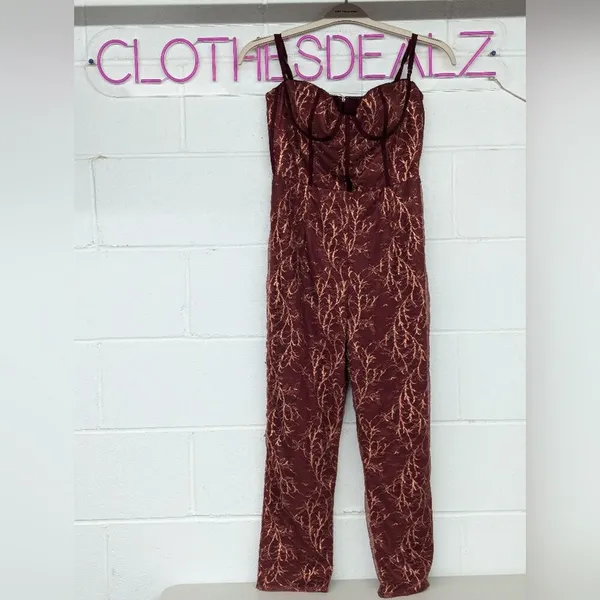 Rtr sz0 Katie May Venus Jumpsuit red wine lace gold shimmer metallic skinny 1 PC - Image 5