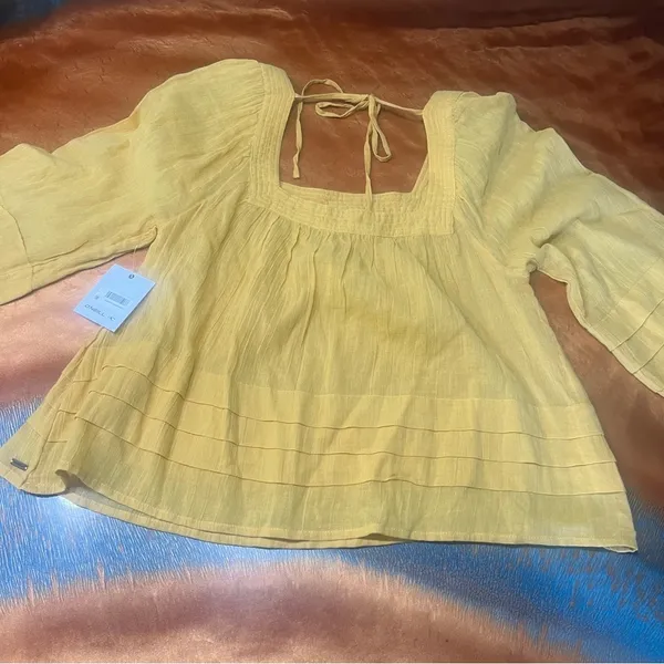 New O'Neill Yellow peasant top 3/4 Sleeve Blouse tie back cotton gauze xs - Image 5