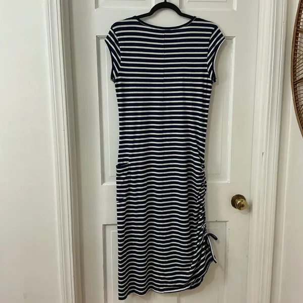 Toad&Co Striped Ruched Midi Dress M Blue Organic Cotton Coastal Nautical Preppy - Image 5