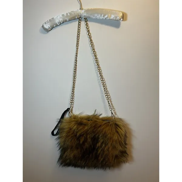 Faux Fur Shoulder Crossbody Bag Brown Gold Chain Cozy Winter Plush Handbag Purse - Image 16