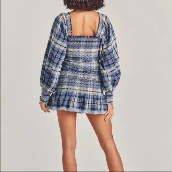 LoveShackFancy Stanley Blue Plaid Smocked Mini Dress Medium - Image 5