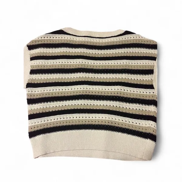 Ann Taylor Striped Crewneck Sweater in Black & Cream with Taupe Accents Sz M - Image 2