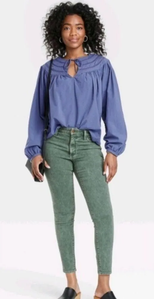 NWOT Cornflower Blue Balloon Sleeve Crochet Yoke Blouse Top New - Image 3