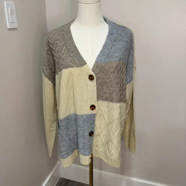 Maurice's Patchwork Cable Knit‎ Cardigan Sweater Medium Brown - Image 2