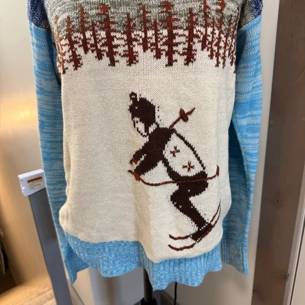 Vintage Knit Ski Sweater Mock Neck Blue White Alps Skiing Winter Art to Wear M - Image 2