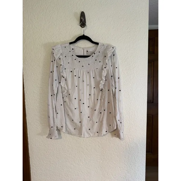 LOFT Blouse White M Womens Heart Print Ruffle Smocked Swiss Dot Long Sleeve - Image 7