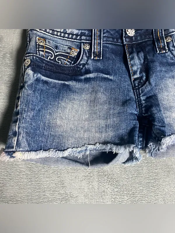 Rock Revival Distressed Dark Blue Denim Shorts with Frayed Hem size 28 Jodie - Image 4