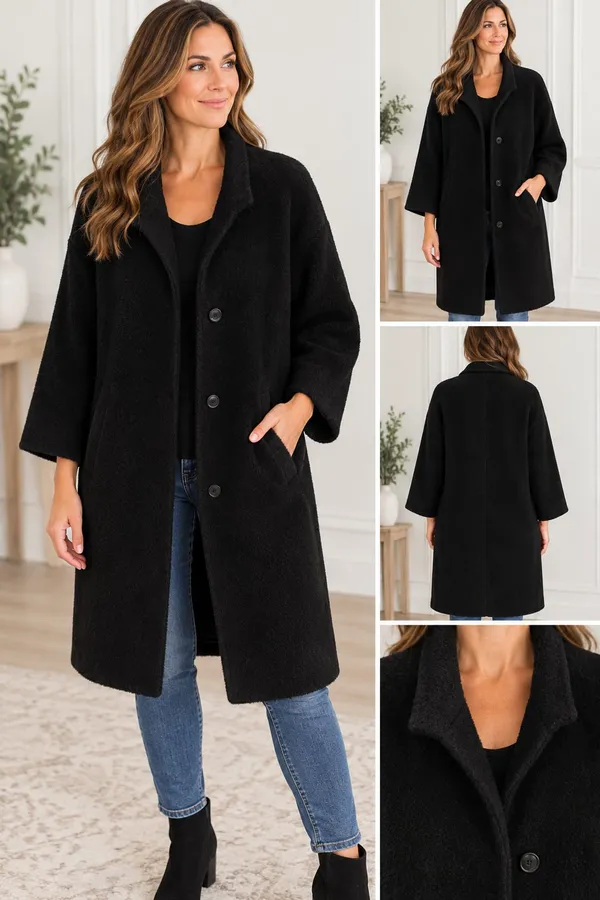 Jones New York Black Wool Alpaca Blend Button Front Midi Coat Size 12 - Image 2