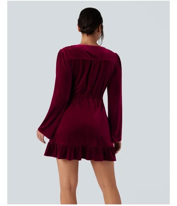 Halara V-neck Long Sleeve Wrapped Ruffle Hem Mini Casual Velvet Dress - Image 2