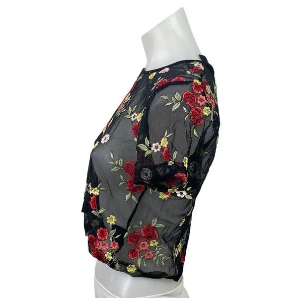 Storia Womens Black Lace Sheer Embroidered Floral Short Sleeve Crop Blouse Top S - Image 2
