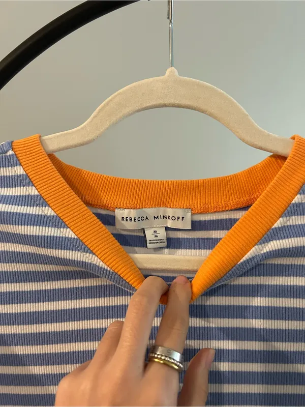 Rebecca Minkoff Blue & White Striped Tee with Orange Neck and Sleeve Trim - Image 2