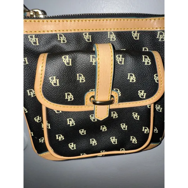 Dooney & Bourke MONOGRAMMED TAN BLACK LEATHER‎ CROSSBODY BAG MINT P - Image 2