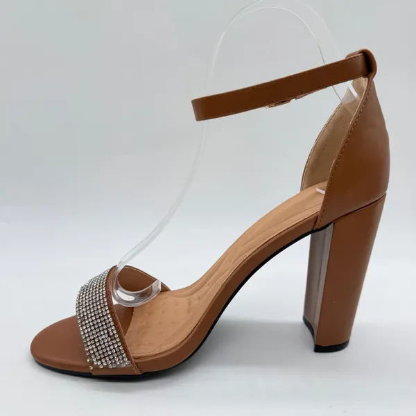 Womens Cognac Brown Rhinestone Ankle Strap Block Heel Sandals Size 9 Dressy - Image 4