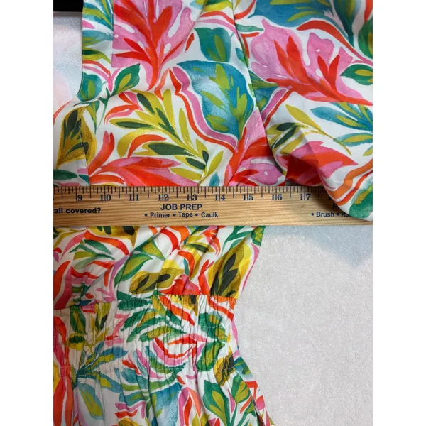 THML Tropical Leaf Print Smocked Waist Puff Sleeve Tiered Mini Dress Small - Image 11
