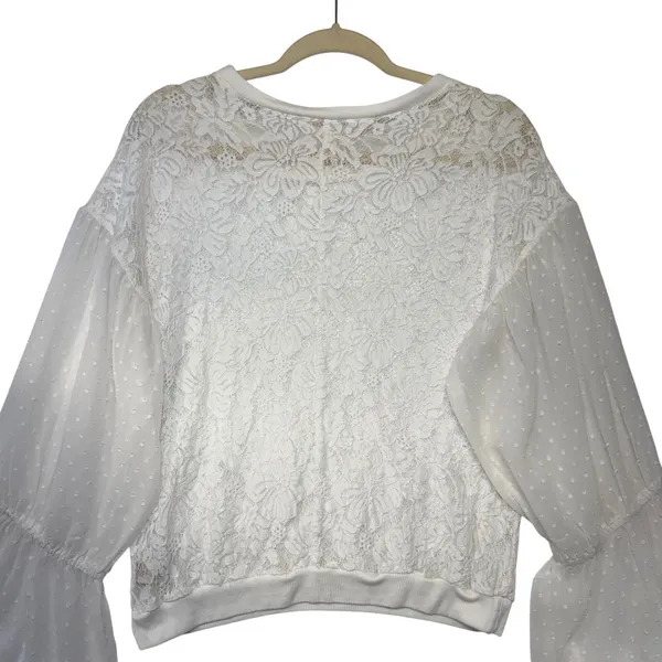 Free People White Floral Lace Swiss Dot Bell Sleeve Blouse‎ Top Ivory Medium - Image 7