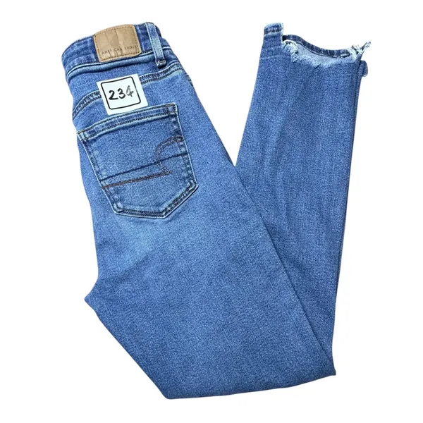 American Eagle Womens High Waisted Skinny Jeans Blue Ripped Raw Hem Size 00 Reg - Image 4