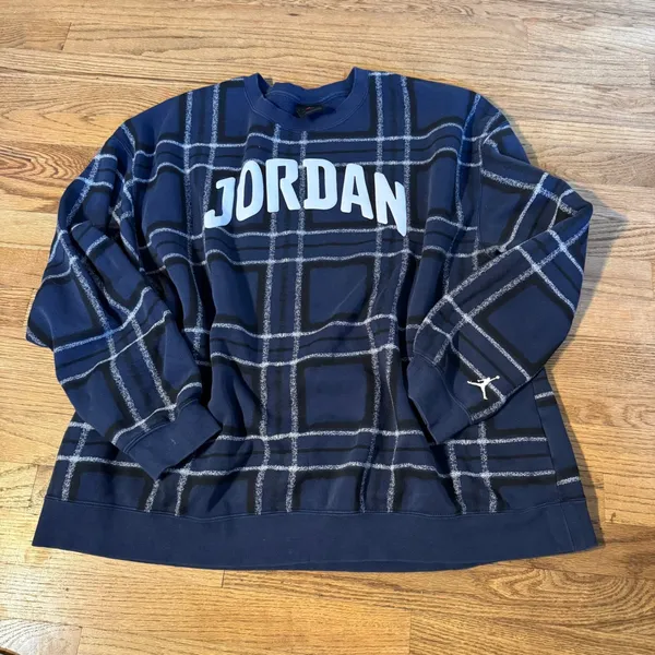 Jordan Essentials Womens Plaid Fleece Crewneck‎ Sweatshirt Navy Blue XXL - Image 2