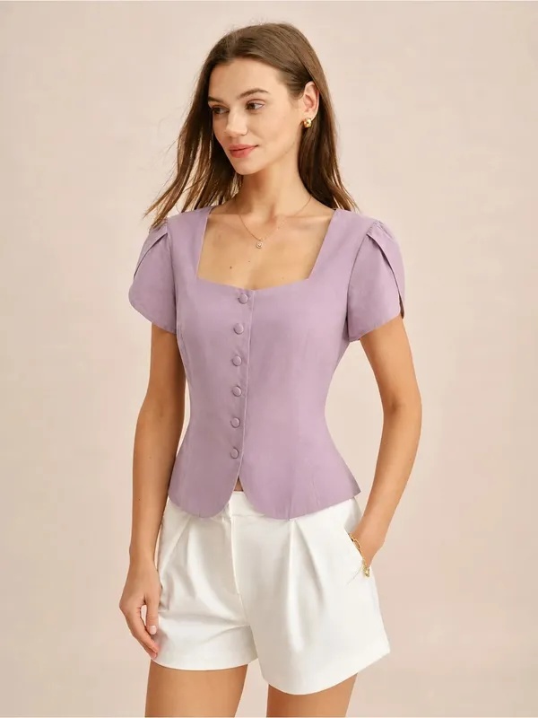 Rihoas Purple Square Neck Petal Sleeve Blouse - Image 2