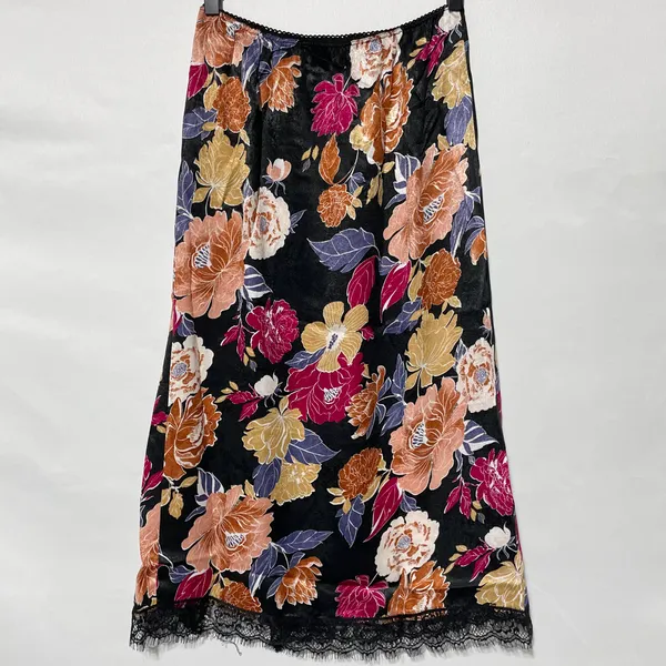 New Band of the Free Floral Print Lace Slit Slip Midi Skirt Black Multi Size XS - Image 13