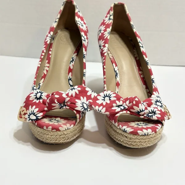 Tory Burch Dory Red Floral Canvas Peep Toe Wedge Espadrilles Size 7.5 Beachy - Image 6