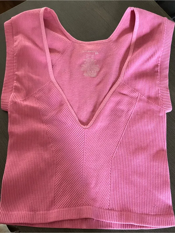 Intimately by Free People Pink Ribbed V-Neck CropTop in the Color Sweet Pea XS/S - Image 5