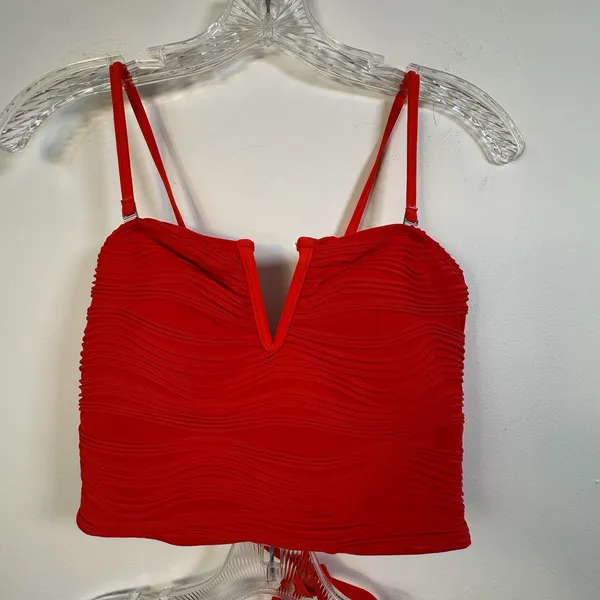 ZAFUL Red Ribbed Textured V-Wired Lace Up Bikini Set High‎ Waisted Medium - Image 2