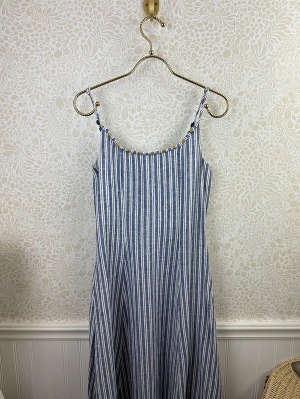 Calypso St. Barth Linen Blue White Striped Beaded Strap Maxi Dress - Size - XS - Image 4